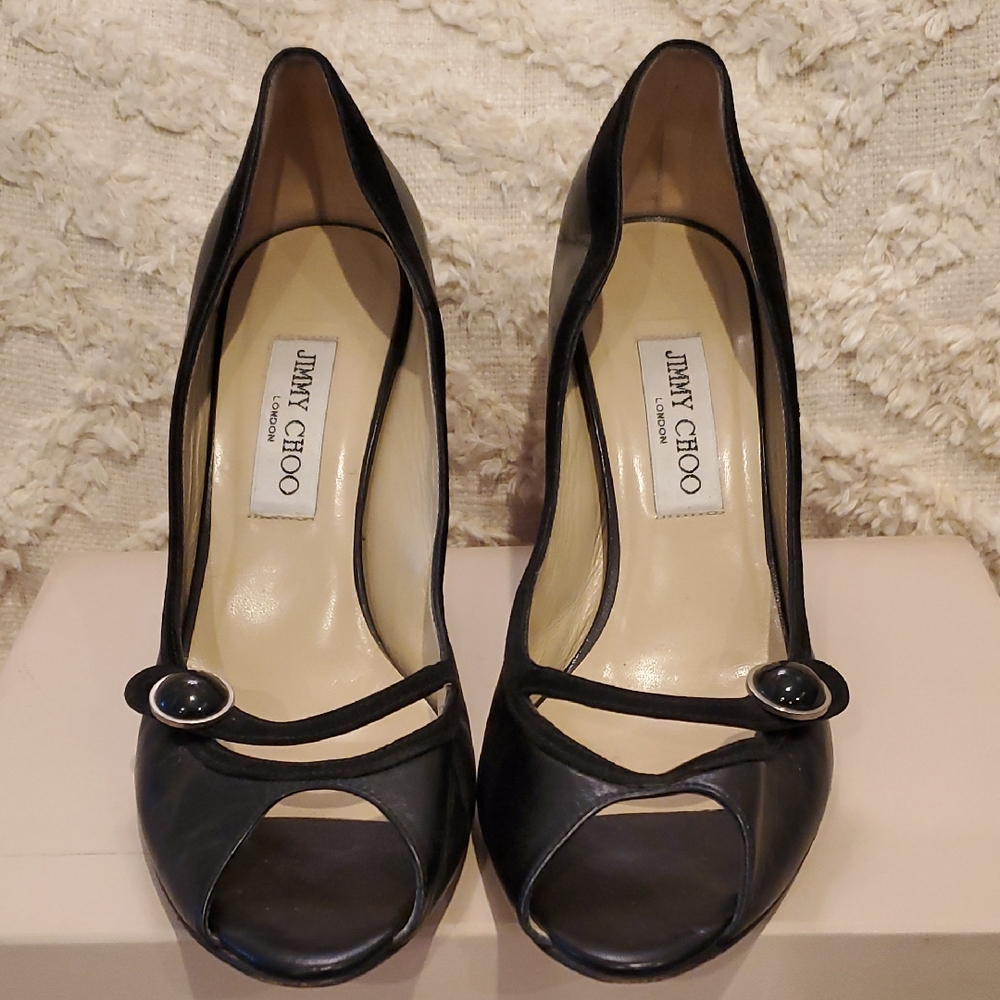 Jimmy Choo Heart Black Leather Peep Toe Mary Jane Pumps 39.5